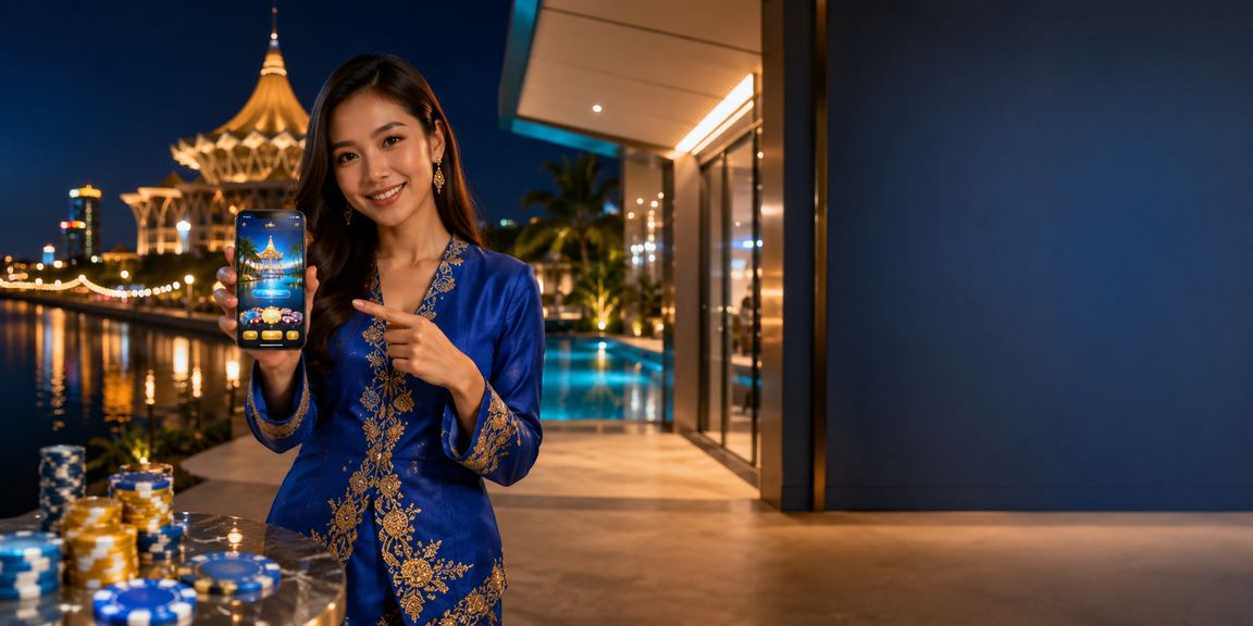 Pengguna wanita berbaju kurung memegang telefon dengan aplikasi kasino mudah alih di Kuching